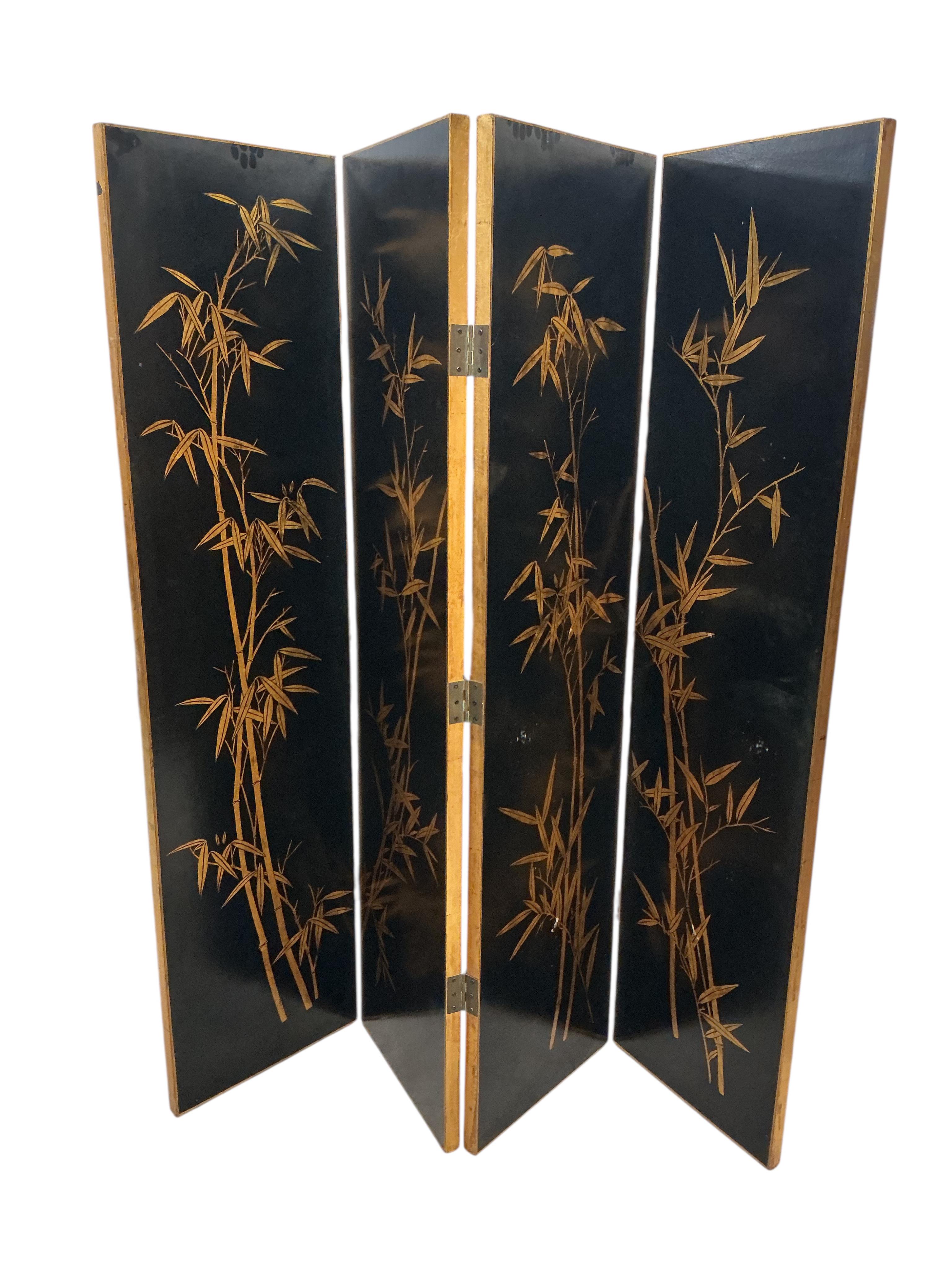A Japanese gilt four fold dressing screen, each panel width 46cm, height 183cm